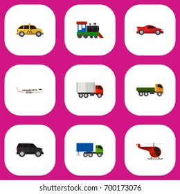 Set Of 9 Editable Car Flat Icons. Includes Symbols Such As Wagon, Cab, Shipping And More. Can Be Used For Web, Mobile, UI And Infographic Design.