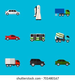 Set Of 9 Editable Car Flat Icons. Includes Symbols Such As Omnibus, Limousine, Shipping And More. Can Be Used For Web, Mobile, UI And Infographic Design.