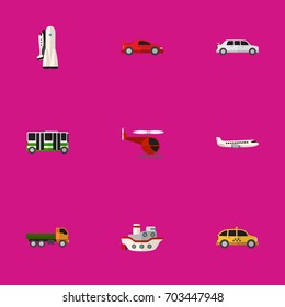 Set Of 9 Editable Car Flat Icons. Includes Symbols Such As Limousine, Truck, Cab And More. Can Be Used For Web, Mobile, UI And Infographic Design.