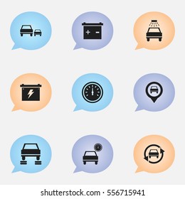 Set Of 9 Editable Car Icons. Includes Symbols Such As Accumulator, Race, Tuning Auto And More. Can Be Used For Web, Mobile, UI And Infographic Design.