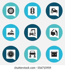 Set Of 9 Editable Car Icons. Includes Symbols Such As Tire, Vehicle Car, Accumulator And More. Can Be Used For Web, Mobile, UI And Infographic Design.