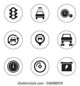 Set Of 9 Editable Car Icons. Includes Symbols Such As Battery, Auto Repair, Car Lave And More. Can Be Used For Web, Mobile, UI And Infographic Design.