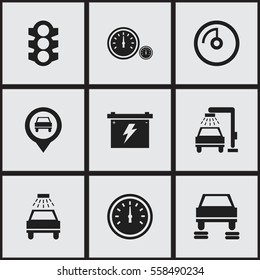 Set Of 9 Editable Car Icons. Includes Symbols Such As Car Lave, Auto Repair, Battery And More. Can Be Used For Web, Mobile, UI And Infographic Design.