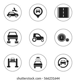 Set Of 9 Editable Car Icons. Includes Symbols Such As Auto Service, Car Lave, Tuning Auto And More. Can Be Used For Web, Mobile, UI And Infographic Design.