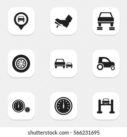 Set Of 9 Editable Car Icons. Includes Symbols Such As Tire, Treadle, Vehicle Car And More. Can Be Used For Web, Mobile, UI And Infographic Design.