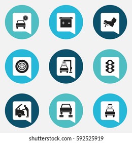 Set Of 9 Editable Car Icons. Includes Symbols Such As Auto Repair, Vehicle Wash, Stoplight And More. Can Be Used For Web, Mobile, UI And Infographic Design.