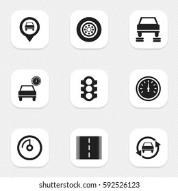 Set Of 9 Editable Car Icons. Includes Symbols Such As Highway, Pointer, Speed Control And More. Can Be Used For Web, Mobile, UI And Infographic Design.