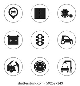 Set Of 9 Editable Car Icons. Includes Symbols Such As Stoplight, Pointer, Highway And More. Can Be Used For Web, Mobile, UI And Infographic Design.