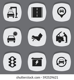 Set Of 9 Editable Car Icons. Includes Symbols Such As Automobile, Treadle, Battery And More. Can Be Used For Web, Mobile, UI And Infographic Design.