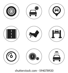 Set Of 9 Editable Car Icons. Includes Symbols Such As Automobile, Speedometer, Car Lave And More. Can Be Used For Web, Mobile, UI And Infographic Design.