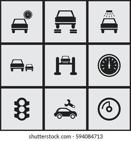 Set Of 9 Editable Car Icons. Includes Symbols Such As Stoplight, Speed Control, Speed Display And More. Can Be Used For Web, Mobile, UI And Infographic Design.