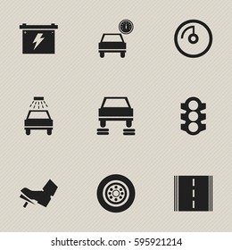 Set Of 9 Editable Car Icons. Includes Symbols Such As Stoplight, Treadle, Auto Repair And More. Can Be Used For Web, Mobile, UI And Infographic Design.