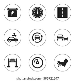Set Of 9 Editable Car Icons. Includes Symbols Such As Race, Tuning Auto, Battery And More. Can Be Used For Web, Mobile, UI And Infographic Design.