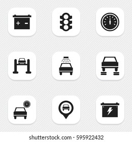 Set Of 9 Editable Car Icons. Includes Symbols Such As Battery, Auto Service, Pointer And More. Can Be Used For Web, Mobile, UI And Infographic Design.
