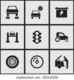 Set Of 9 Editable Car Icons. Includes Symbols Such As Stoplight, Tire, Speed Display And More. Can Be Used For Web, Mobile, UI And Infographic Design.