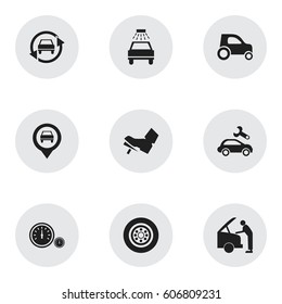 Set Of 9 Editable Car Icons. Includes Symbols Such As Tire, Pointer, Car Fixing And More. Can Be Used For Web, Mobile, UI And Infographic Design.