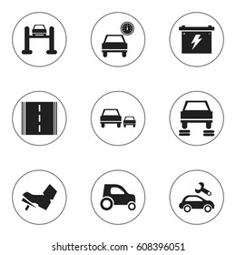 Set Of 9 Editable Car Icons. Includes Symbols Such As Treadle, Auto Service, Race And More. Can Be Used For Web, Mobile, UI And Infographic Design.