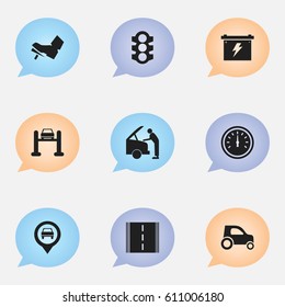 Set Of 9 Editable Car Icons. Includes Symbols Such As Vehicle Car, Treadle, Stoplight And More. Can Be Used For Web, Mobile, UI And Infographic Design.