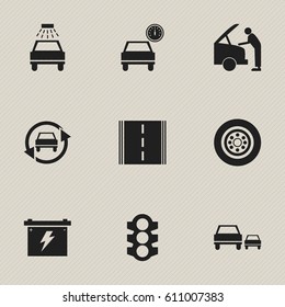 Set Of 9 Editable Car Icons. Includes Symbols Such As Car Fixing, Battery, Tuning Auto And More. Can Be Used For Web, Mobile, UI And Infographic Design.