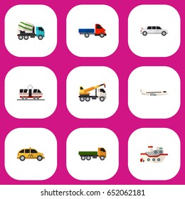 Set Of 9 Editable Car Icons. Includes Symbols Such As Truck, Hoisting Machine, Cement Blender And More. Can Be Used For Web, Mobile, UI And Infographic Design.