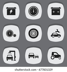 Set Of 9 Editable Car Icons. Includes Symbols Such As Accumulator, Speedometer, Automotive Fix And More. Can Be Used For Web, Mobile, UI And Infographic Design.
