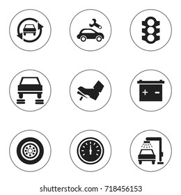 Set Of 9 Editable Car Icons. Includes Symbols Such As Automotive Fix, Tuning Auto, Tire And More. Can Be Used For Web, Mobile, UI And Infographic Design.