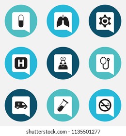 Set of 9 editable care icons. Includes symbols such as pill, lung, hospital and more. Can be used for web, mobile, UI and infographic design.