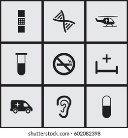 Set Of 9 Editable Care Icons. Includes Symbols Such As Analysis Container, Genome, Emergency And More. Can Be Used For Web, Mobile, UI And Infographic Design.