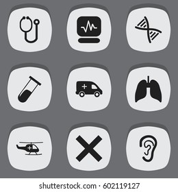 Set Of 9 Editable Care Icons. Includes Symbols Such As Doctor Tool, Genome, Medical Aviation And More. Can Be Used For Web, Mobile, UI And Infographic Design.