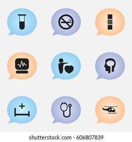 Set Of 9 Editable Care Icons. Includes Symbols Such As Doctor Tool, Medical Aviation, Clinic Room And More. Can Be Used For Web, Mobile, UI And Infographic Design.