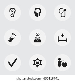 Set Of 9 Editable Care Icons. Includes Symbols Such As Test Tube, Doctor Tool, Intelligence And More. Can Be Used For Web, Mobile, UI And Infographic Design.