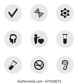 Set Of 9 Editable Care Icons. Includes Symbols Such As Stop Smoke, Listen, Genome And More. Can Be Used For Web, Mobile, UI And Infographic Design.