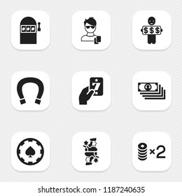 Set of 9 editable casino icons. Includes symbols such as lucky card, jack, man gamer and more. Can be used for web, mobile, UI and infographic design.