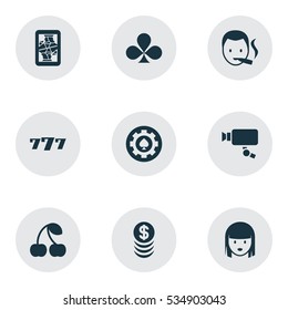 Set Of 9 Editable Casino Icons. Includes Symbols Such As Berry;, Tracking Cam, Female Face And More. Can Be Used For Web, Mobile, UI And Infographic Design.