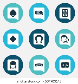 Set Of 9 Editable Casino Icons. Includes Symbols Such As Card Pair, Bones Game, Blackjack And More. Can Be Used For Web, Mobile, UI And Infographic Design.