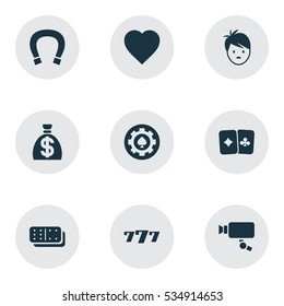 Set Of 9 Editable Casino Icons. Includes Symbols Such As Tracking Cam, Card Pair, Black Heart And More. Can Be Used For Web, Mobile, UI And Infographic Design.