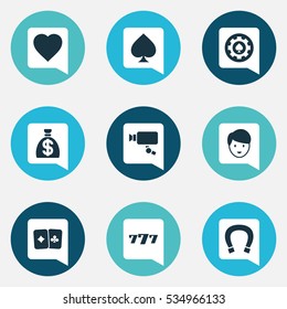Set Of 9 Editable Casino Icons. Includes Symbols Such As Moneybag, Lucky Seven, Black Heart And More. Can Be Used For Web, Mobile, UI And Infographic Design.