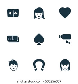Set Of 9 Editable Casino Icons. Includes Symbols Such As Game Card, Card Pair, Boy And More. Can Be Used For Web, Mobile, UI And Infographic Design.
