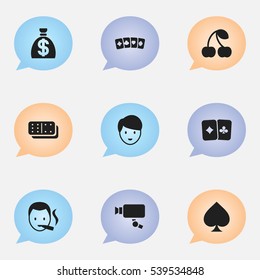 Set Of 9 Editable Casino Icons. Includes Symbols Such As Card Suits, Bones Game, Smoker And More. Can Be Used For Web, Mobile, UI And Infographic Design.