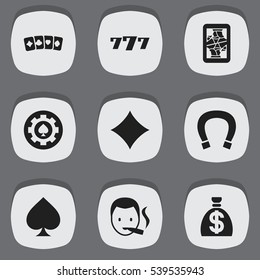 Set Of 9 Editable Casino Icons. Includes Symbols Such As Card Suits, Lucky Seven, Black Heart And More. Can Be Used For Web, Mobile, UI And Infographic Design.