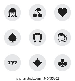 Set Of 9 Editable Casino Icons. Includes Symbols Such As Lucky Seven, Woman Face, Luck Charm And More. Can Be Used For Web, Mobile, UI And Infographic Design.