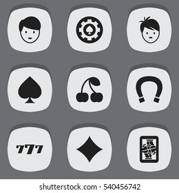 Set Of 9 Editable Casino Icons. Includes Symbols Such As Game Card, Lucky Seven, Boy And More. Can Be Used For Web, Mobile, UI And Infographic Design.