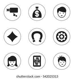 Set Of 9 Editable Casino Icons. Includes Symbols Such As Casino Worker, Boy, Woman Face And More. Can Be Used For Web, Mobile, UI And Infographic Design.