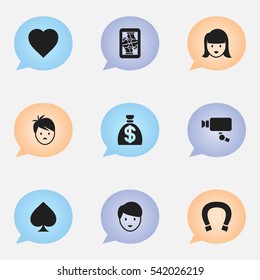 Set Of 9 Editable Casino Icons. Includes Symbols Such As Blackjack, Boy, Moneybag And More. Can Be Used For Web, Mobile, UI And Infographic Design.