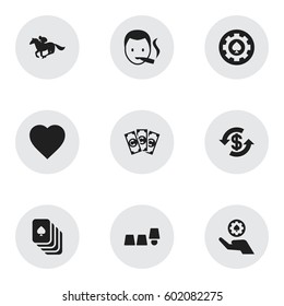 Set Of 9 Editable Casino Icons. Includes Symbols Such As Poker Money, Love, Cup Tricking And More. Can Be Used For Web, Mobile, UI And Infographic Design.