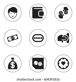 Set Of 9 Editable Casino Icons. Includes Symbols Such As Billfold, Dice, Poker Deck And More. Can Be Used For Web, Mobile, UI And Infographic Design.