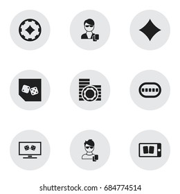 Set Of 9 Editable Casino Icons. Includes Symbols Such As Cell Play Cards, Male Player, Backgammon And More. Can Be Used For Web, Mobile, UI And Infographic Design.
