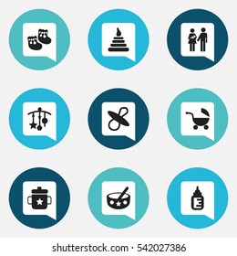 Set Of 9 Editable Child Icons. Includes Symbols Such As Nursing Bottle, Shoes For Babies, Soothers And More. Can Be Used For Web, Mobile, UI And Infographic Design.