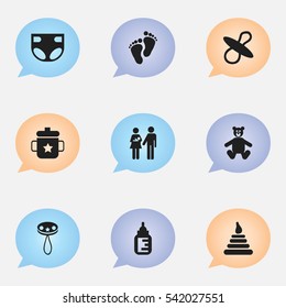 Set Of 9 Editable Child Icons. Includes Symbols Such As Rattle, Footmark, Goplet And More. Can Be Used For Web, Mobile, UI And Infographic Design.