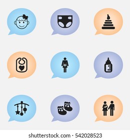 Set Of 9 Editable Child Icons. Includes Symbols Such As Shoes For Babies, Pinafore, Pregnancy And More. Can Be Used For Web, Mobile, UI And Infographic Design.